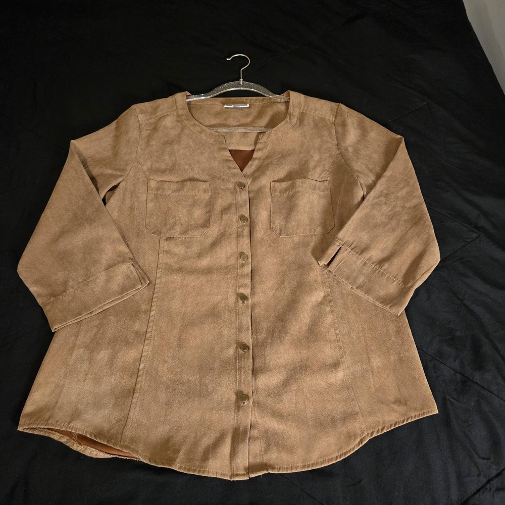 JM Collection Shirt Womens Medium Brown Faux Suede Button Tunic 3/4 Sleeve West